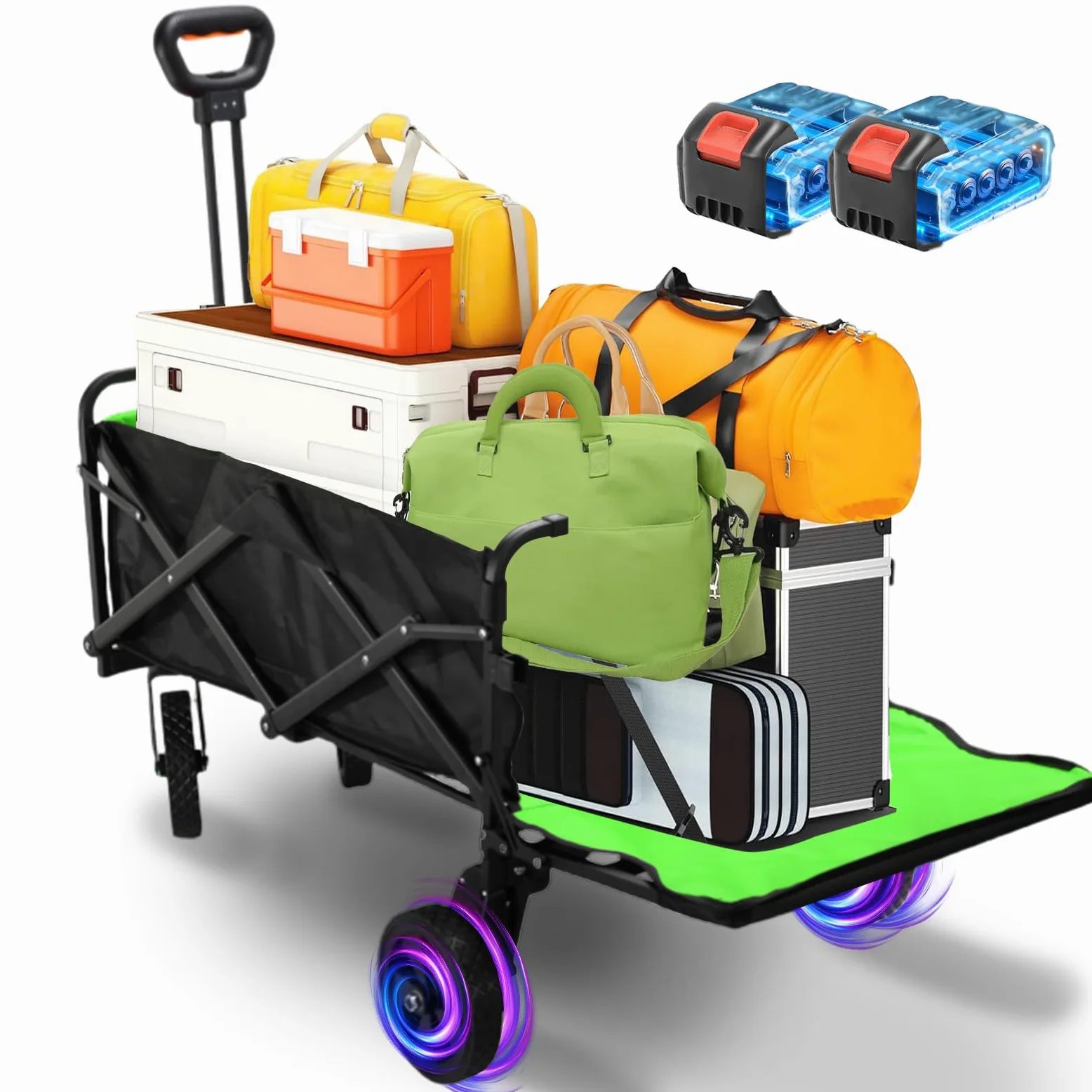 Carrello Spiaggia Elettrico Pieghevole 160 L/50 kg, Portellone | Carrello da Spiaggia Pieghevole, Doppio Motore con Batteria 4000mAh, Ruote Multiterreno per Campeggio, Shopping e Picnic