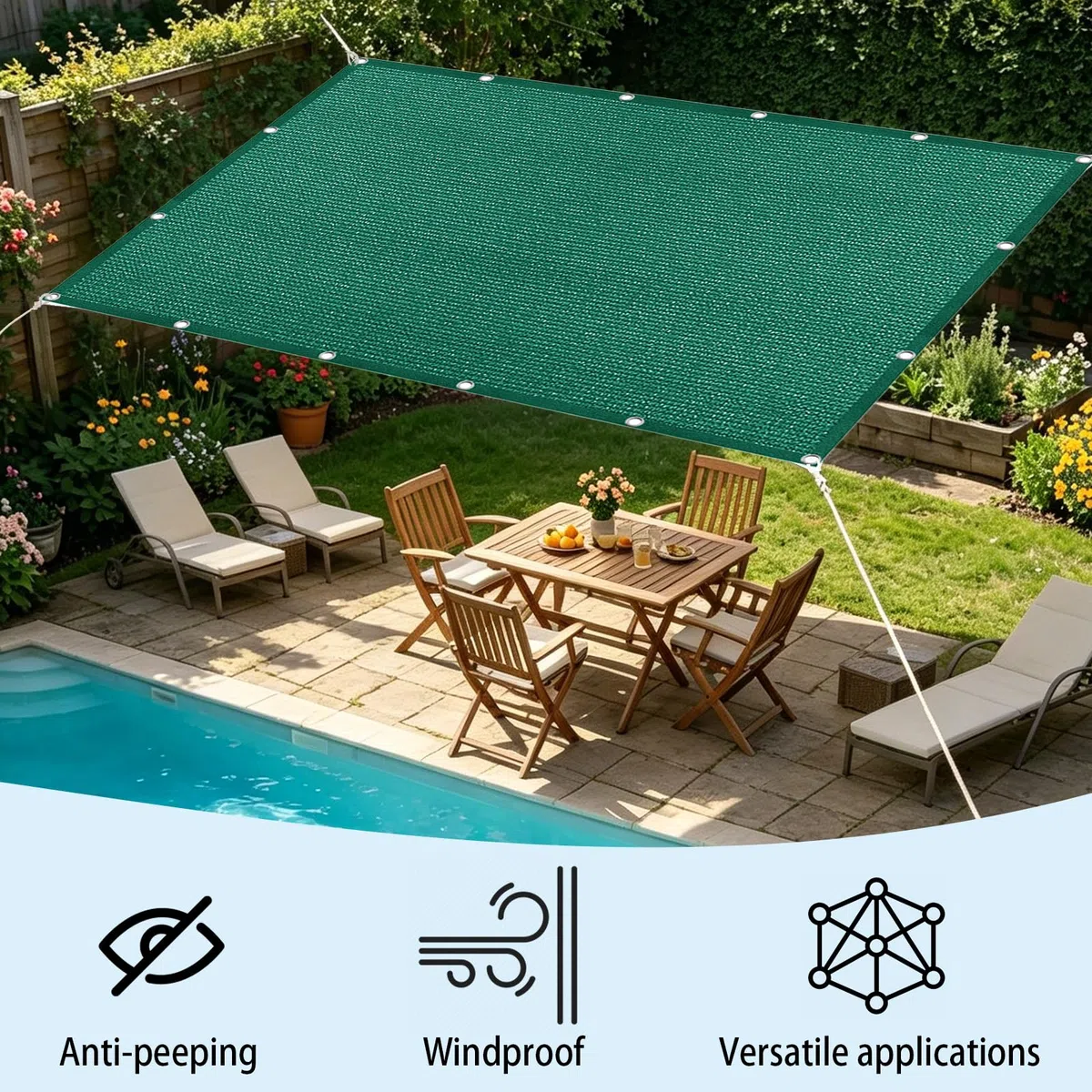 Vela Parasole 3.5 x 7 m in Tessuto Hdpe, Permeabile All'Aria e All'Acqua, Telo Ombreggiante Occhiellato Tenda da Sole Traspirante Rettangolare per Serra Cortile, Verde Scuro