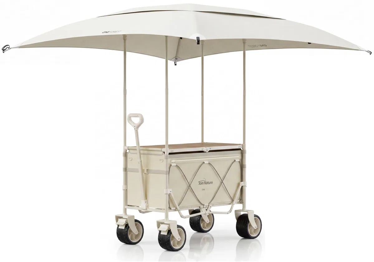 Join Nature Carrello pieghevole 3 in 1, con piano da tavolo da campeggio e tettuccio parasole, carrello pieghevole da 160 l, pneumatici larghi da spiaggia, per tutti i terreni, campeggio, cani