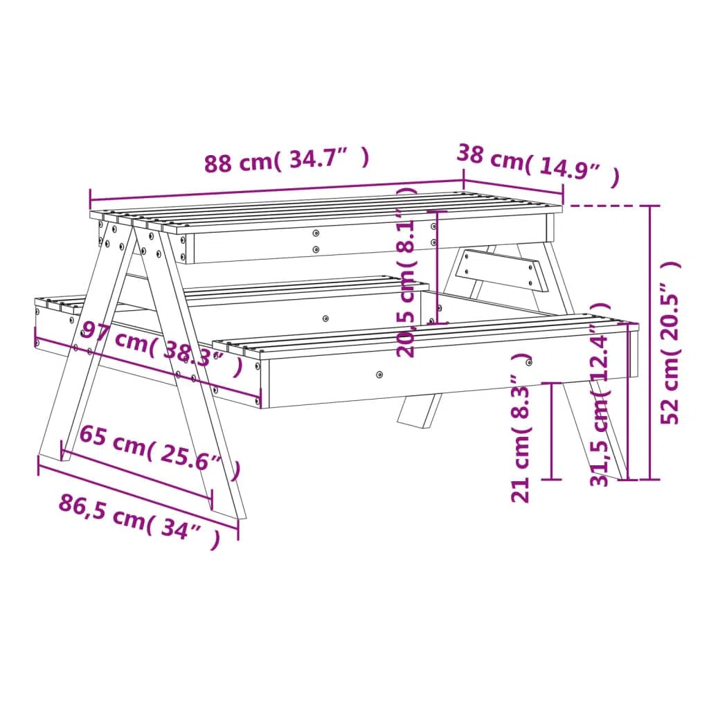 Tavolo da picnic per bambini bianco 88 x 97 x 52 cm in legno massello di pino