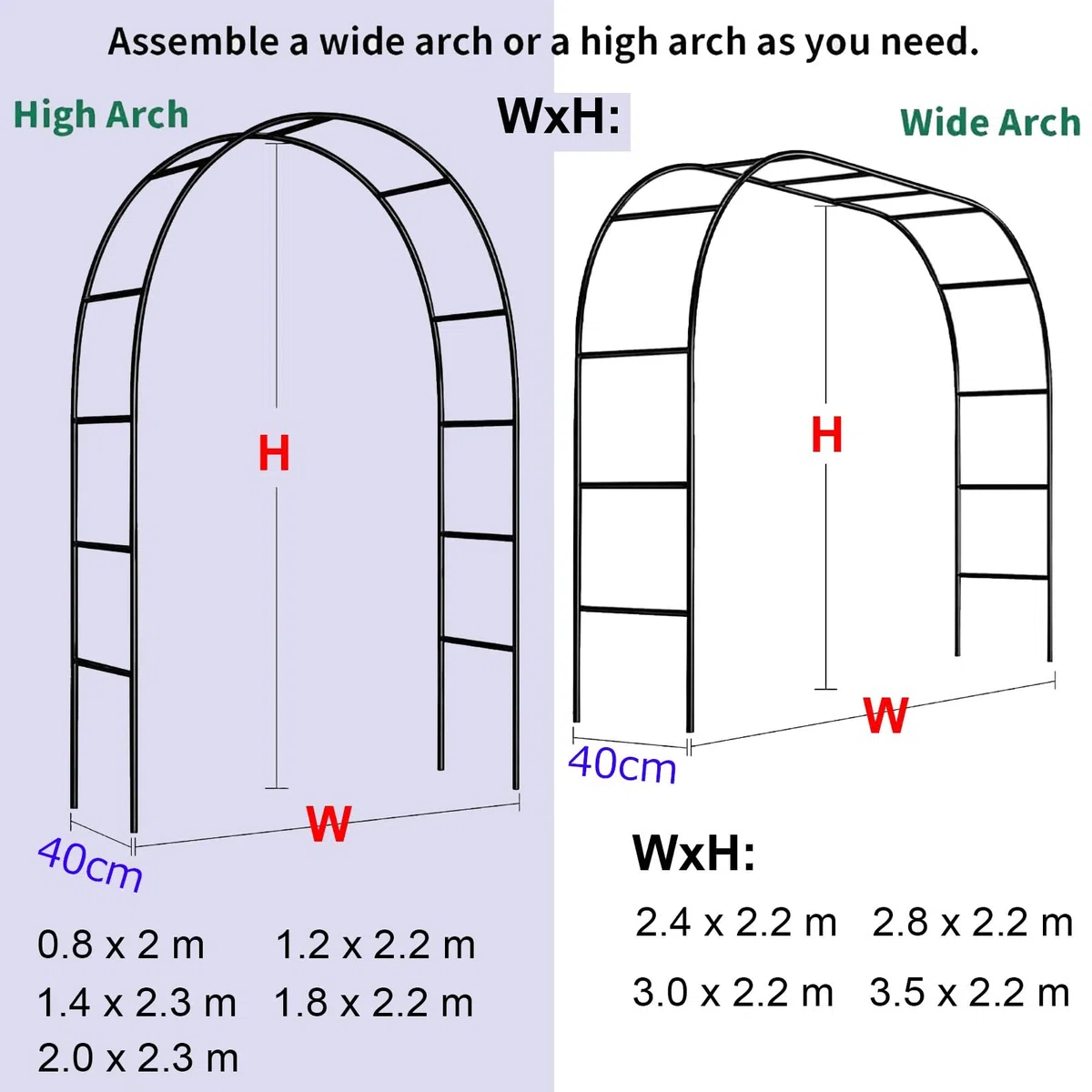 Arco da giardino in metallo per piante rampicanti, 1,8 m, 2,0 m, 2,8 m, 3 m, arco in ferro per matrimoni, rose, cortile, cortile, cortili, ingressi, durevole, design a tubo da 19 mm