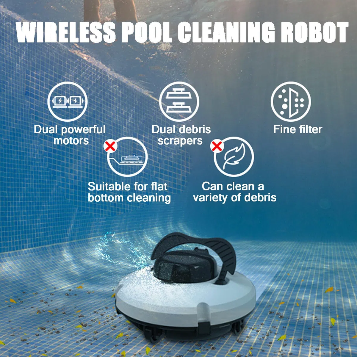 Robot Pulitore per Piscine Fuori Terra, Robot Pulitore per Piscine Senza Fili, Doppio Motore, Autonomia Di 120 Min, Robot Pulitore per Piscine Interrate Fino a 100 m²