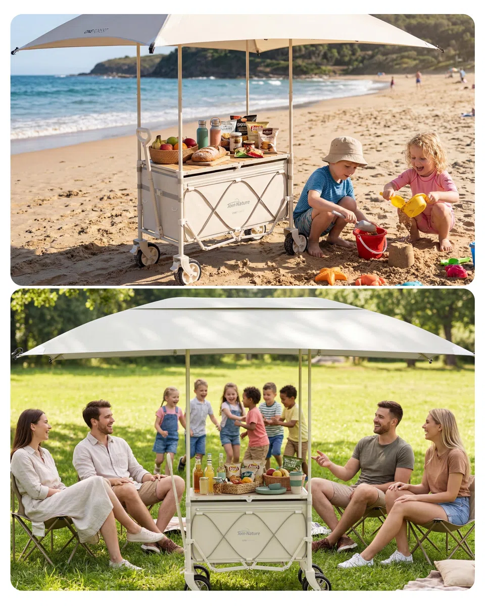 Join Nature Carrello pieghevole 3 in 1, con piano da tavolo da campeggio e tettuccio parasole, carrello pieghevole da 160 l, pneumatici larghi da spiaggia, per tutti i terreni, campeggio, cani