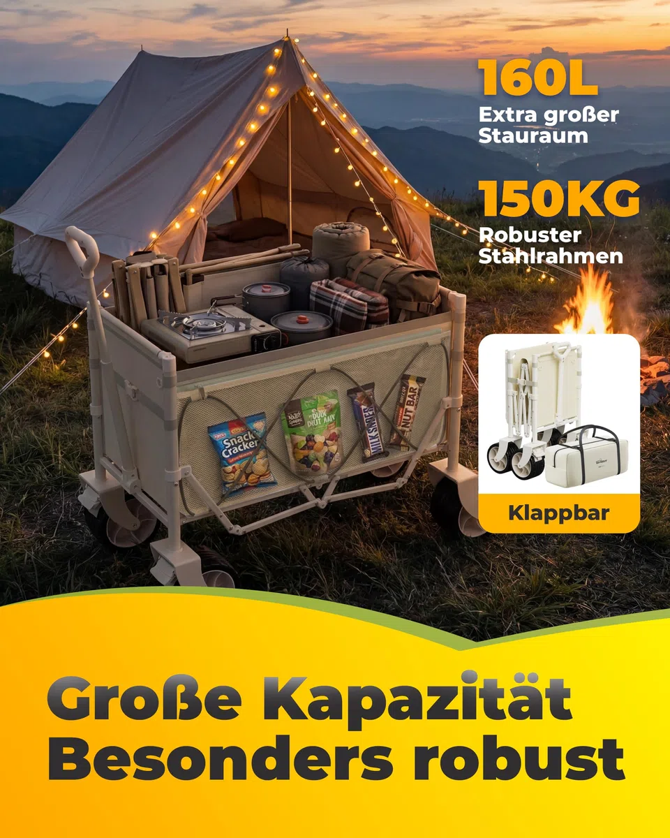 Join Nature Carrello pieghevole 3 in 1, con piano da tavolo da campeggio e tettuccio parasole, carrello pieghevole da 160 l, pneumatici larghi da spiaggia, per tutti i terreni, campeggio, cani