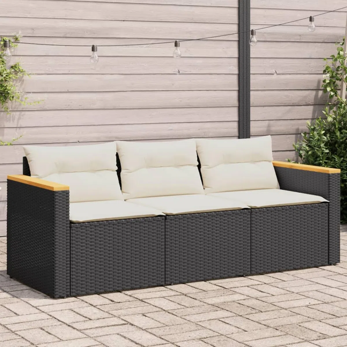 Divano da Giardino a 3 Posti con Cuscini Nero in Polyrattan,Divano Giardino,Divano Giardino Esterno,Divano Giardino per Esterno-365829