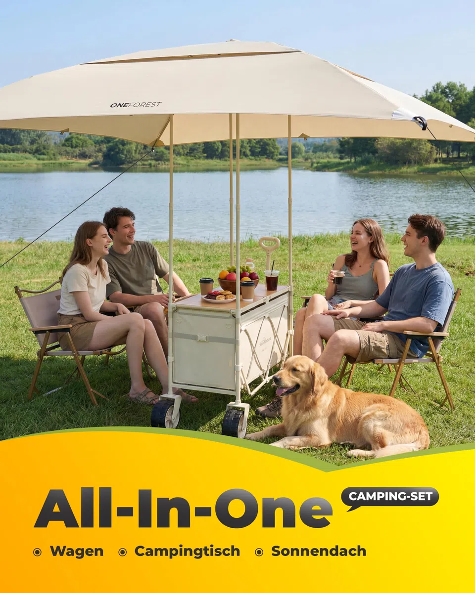 Join Nature Carrello pieghevole 3 in 1, con piano da tavolo da campeggio e tettuccio parasole, carrello pieghevole da 160 l, pneumatici larghi da spiaggia, per tutti i terreni, campeggio, cani