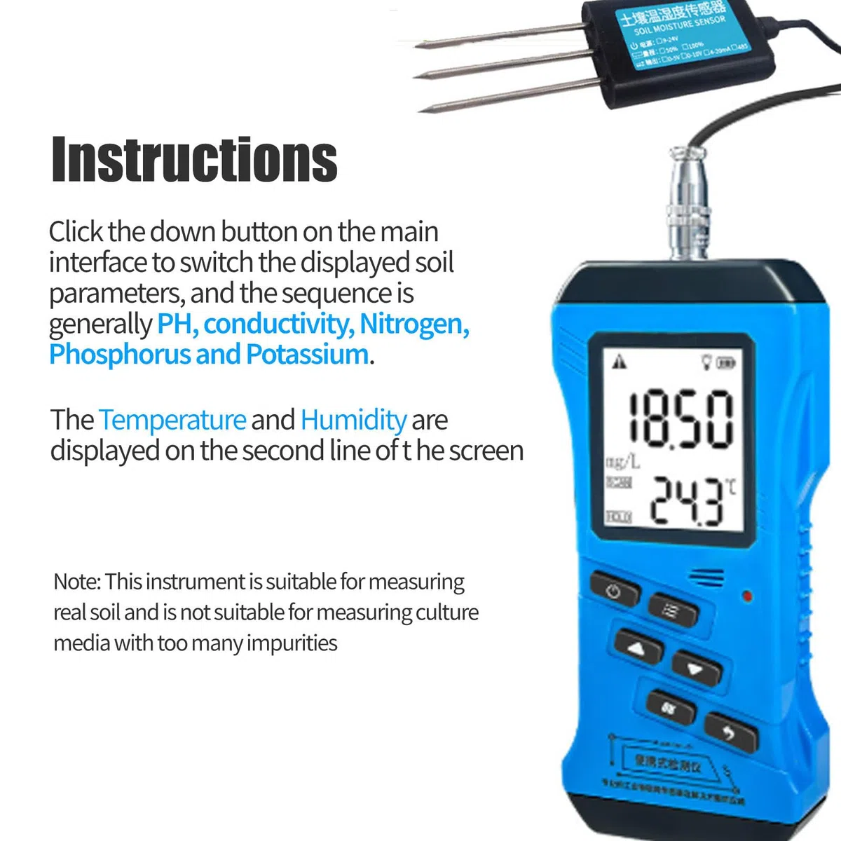 Misuratore rapido del terreno 7 in 1, misuratore portatile di pH, temperatura, umidità, conduttività, azoto, fosforo, potassio, umidità per l'agricoltura