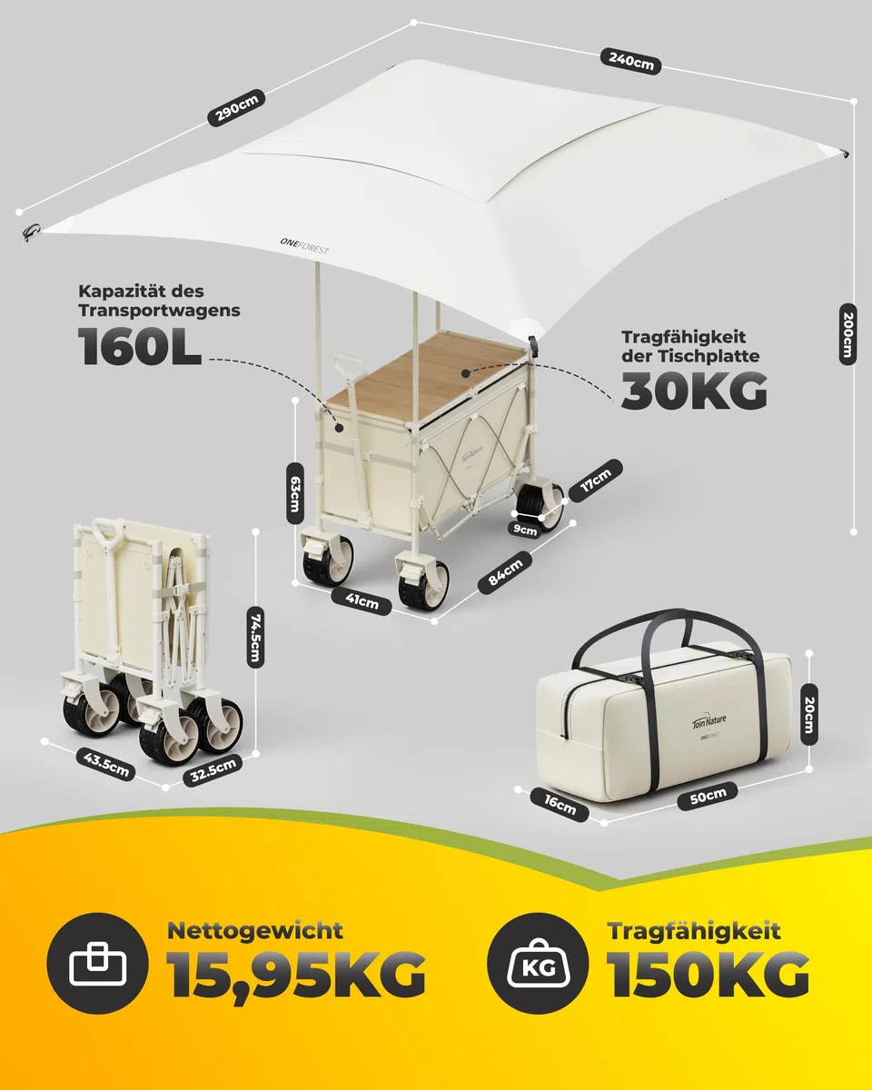Join Nature Carrello pieghevole 3 in 1, con piano da tavolo da campeggio e tettuccio parasole, carrello pieghevole da 160 l, pneumatici larghi da spiaggia, per tutti i terreni, campeggio, cani