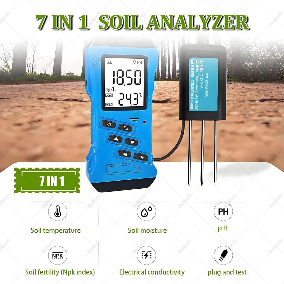 Rilevatore di Terreno Digitale Portatile 7 in 1, Tester di Terreno Multifunzionale, analizzatore NPK PH EC, con sensore di umidità e Temperatura,analizzatore di Terreno Portatile 7 in 1