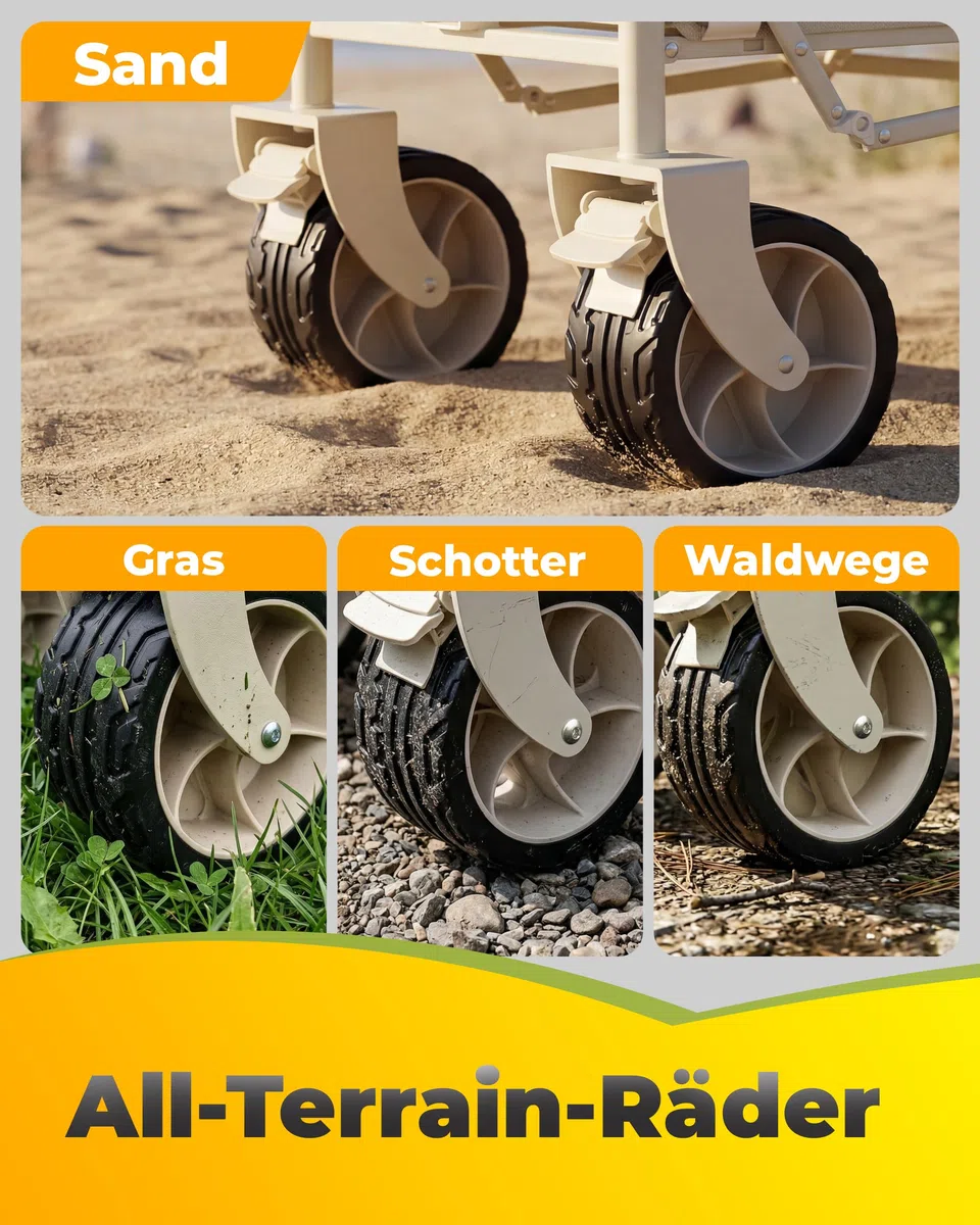 Join Nature Carrello pieghevole 3 in 1, con piano da tavolo da campeggio e tettuccio parasole, carrello pieghevole da 160 l, pneumatici larghi da spiaggia, per tutti i terreni, campeggio, cani