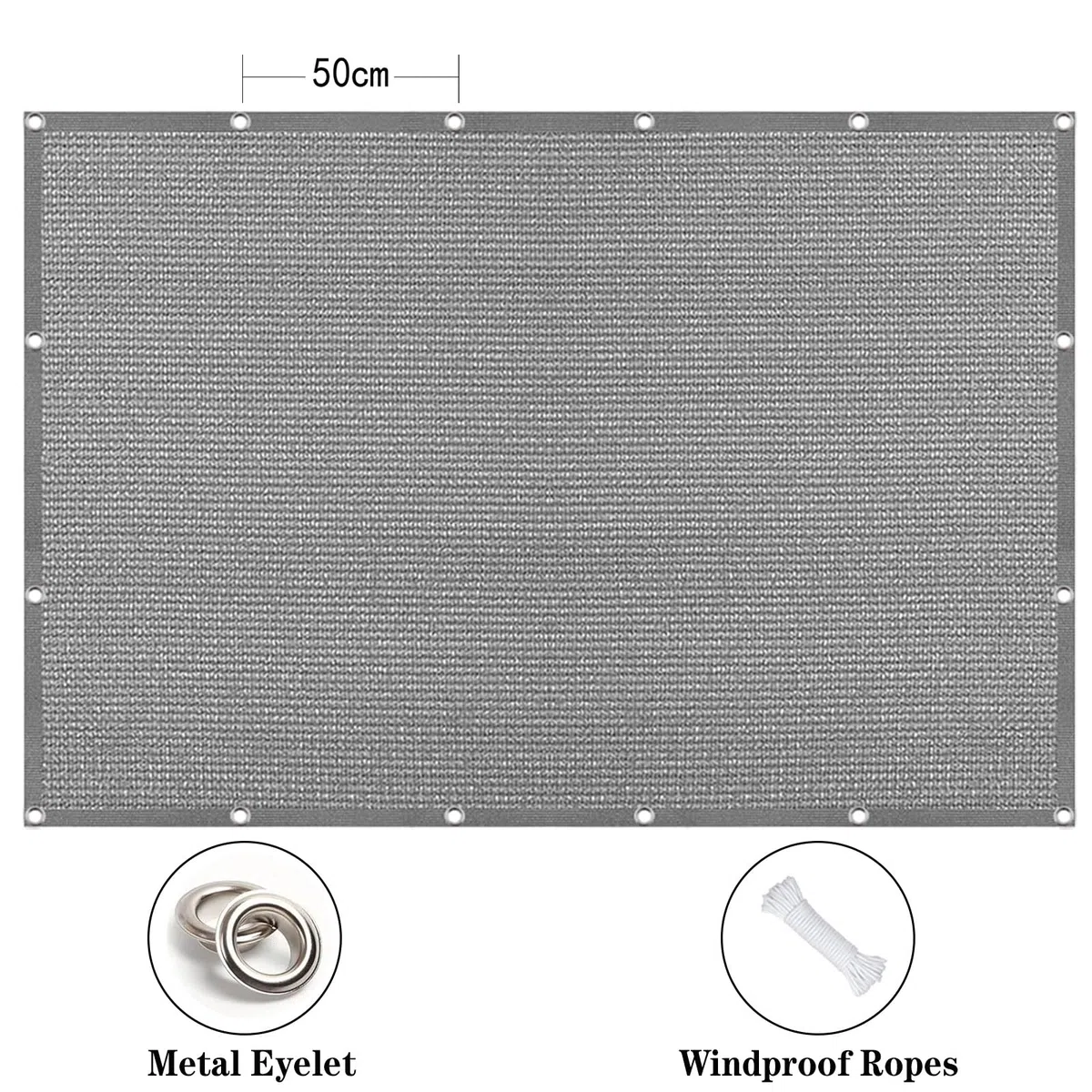 Vela Parasole 2 x 10.5 m in Tessuto Hdpe, Permeabile All'Aria e All'Acqua, Telo Ombreggiante Occhiellato Tenda da Sole Traspirante Rettangolare per Serra Cortile, Grigio Chiaro