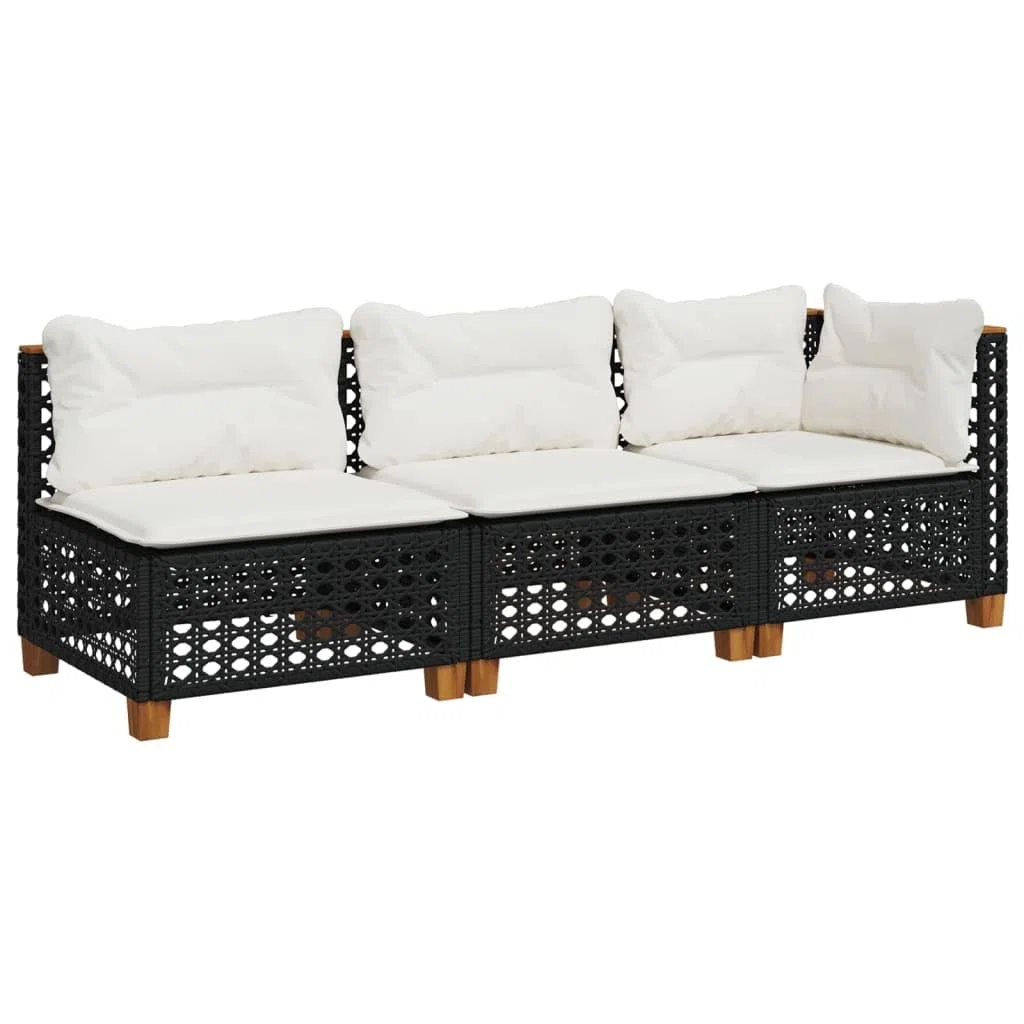 Gecheer Divano da Giardino a 3 Posti con Cuscini Nero in Polyrattan,Divani,da Giardino,per Esterno,Salottini,Salotto da Giardino,da Esterno,Divano Modulare,Set da Giardino,365941