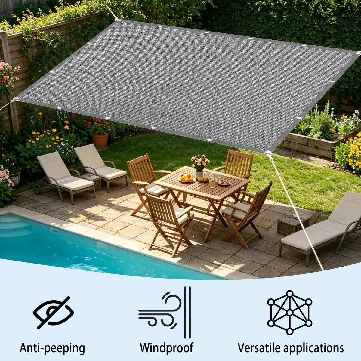 Vela Parasole 2 x 10.5 m in Tessuto Hdpe, Permeabile All'Aria e All'Acqua, Telo Ombreggiante Occhiellato Tenda da Sole Traspirante Rettangolare per Serra Cortile, Grigio Chiaro